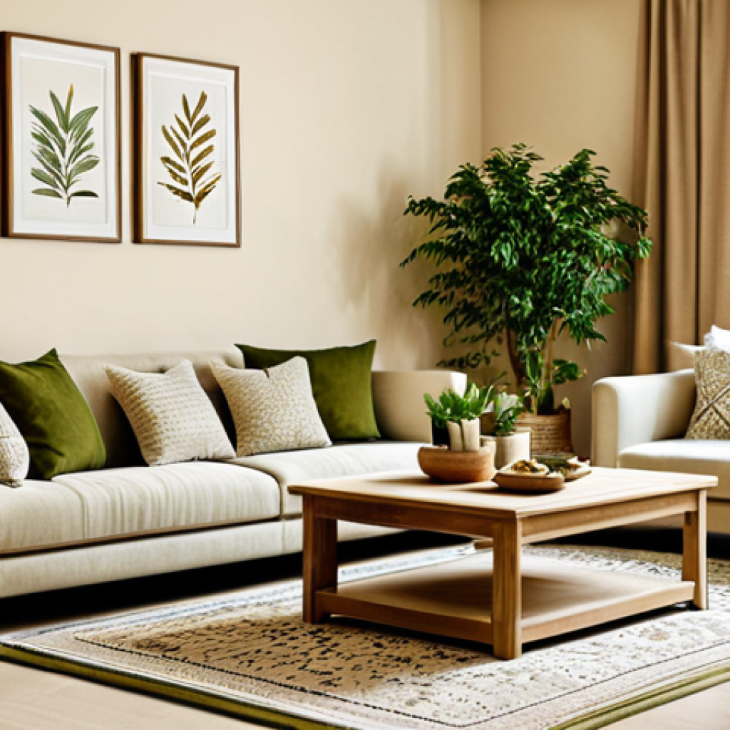 Cozy Living Room Scene**

"A beautifully lit living room interior, decorated in a warm beige and olive green color palette. Comfortable seating arrangement with plush cushions and a woven rug. A variety of indoor plants add a natural touch.  Subtle Arabic calligraphy artwork adorns the walls.  Fully clothed individuals are relaxing and enjoying the space. Safe for work, appropriate content, family-friendly. Perfect anatomy, natural proportions, professional photography, high quality."

**