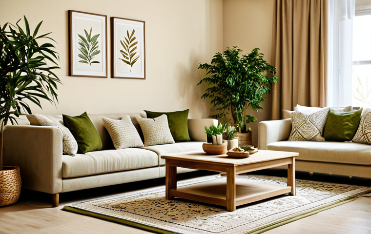 Cozy Living Room Scene**

"A beautifully lit living room interior, decorated in a warm beige and olive green color palette. Comfortable seating arrangement with plush cushions and a woven rug. A variety of indoor plants add a natural touch.  Subtle Arabic calligraphy artwork adorns the walls.  Fully clothed individuals are relaxing and enjoying the space. Safe for work, appropriate content, family-friendly. Perfect anatomy, natural proportions, professional photography, high quality."

**