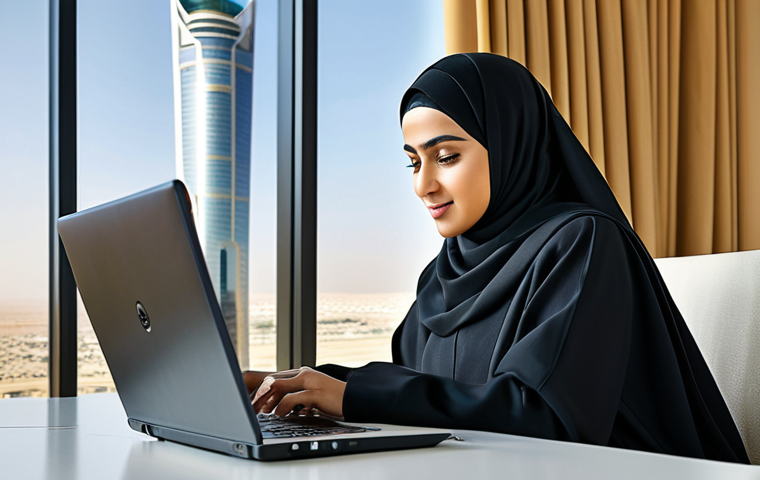 **

A professional Arab businesswoman in a modest, elegant abaya and hijab, working on a laptop in a modern, sunlit office overlooking Riyadh, Saudi Arabia. The office features Islamic art and design elements. Fully clothed, appropriate attire, safe for work, perfect anatomy, natural proportions, professional photography, high quality, family-friendly.

**