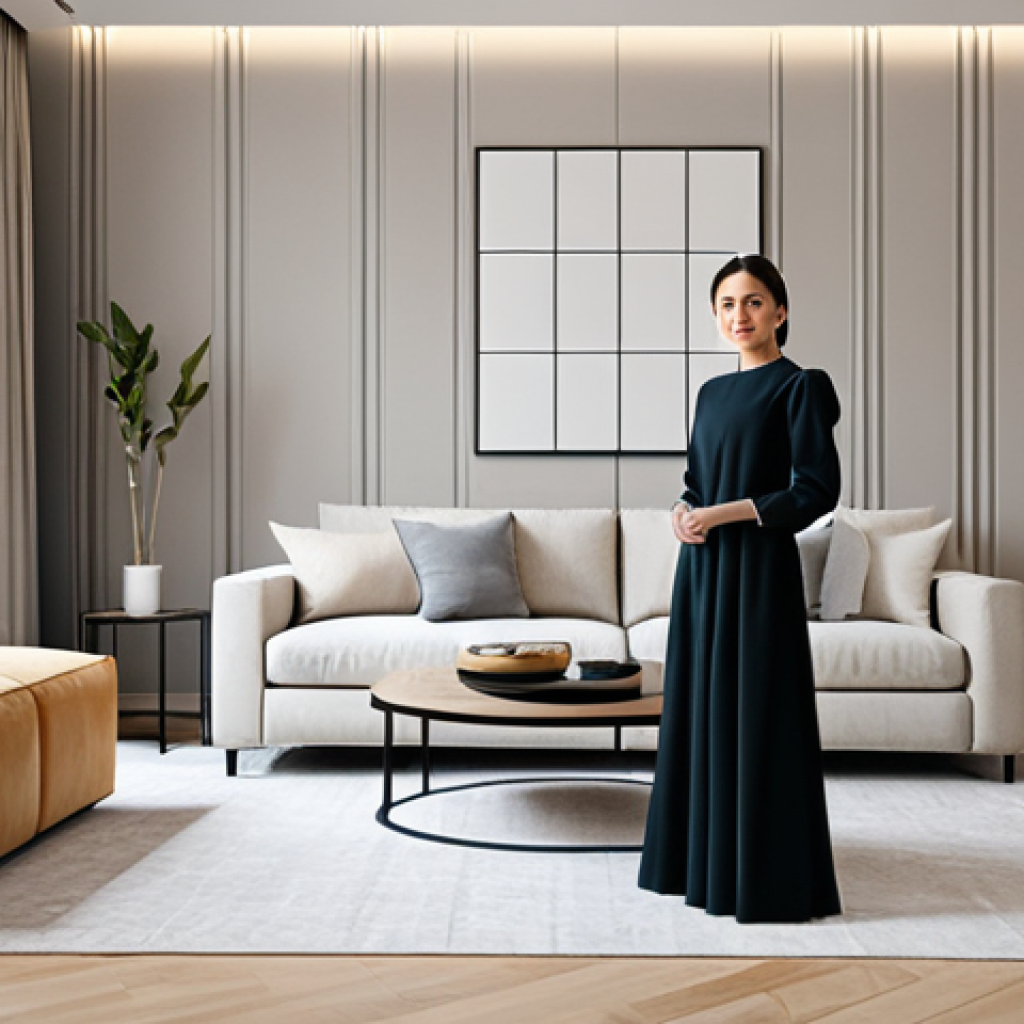 실내건축 설계 과정 중 체크리스트 - "A professional interior designer, fully clothed in modest attire, stands in a modern living room sh...