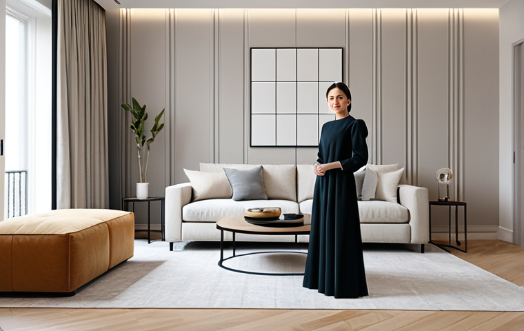 실내건축 설계 과정 중 체크리스트 - "A professional interior designer, fully clothed in modest attire, stands in a modern living room sh...
