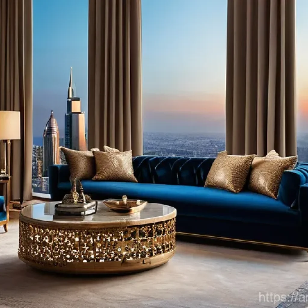 실내건축 자격증 시험 준비용 추천 강의 - **Prompt:** A luxurious, contemporary Arab living room in a high-rise apartment, overlooking a bustl...