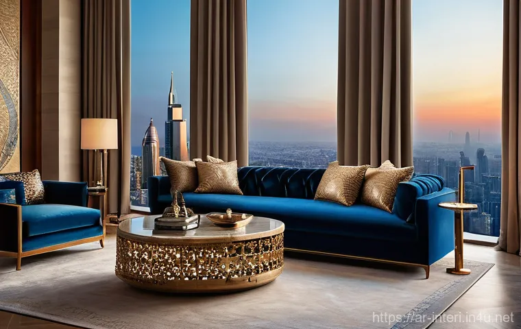 실내건축 자격증 시험 준비용 추천 강의 - **Prompt:** A luxurious, contemporary Arab living room in a high-rise apartment, overlooking a bustl...