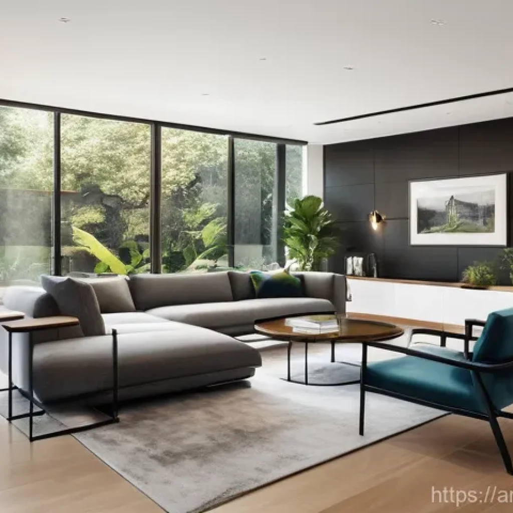 실내건축과 BIM 기술 - **Immersive Client Presentation of a Modern Living Space:**
    "A photorealistic 3D rendering of a ...