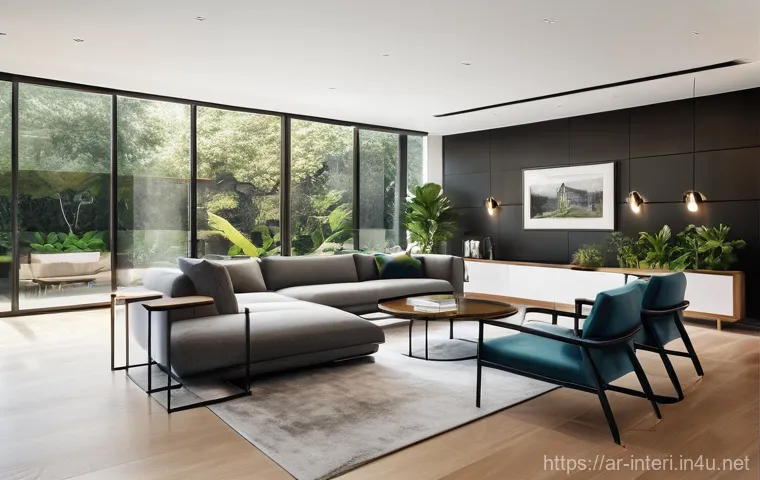 실내건축과 BIM 기술 - **Immersive Client Presentation of a Modern Living Space:**
    "A photorealistic 3D rendering of a ...