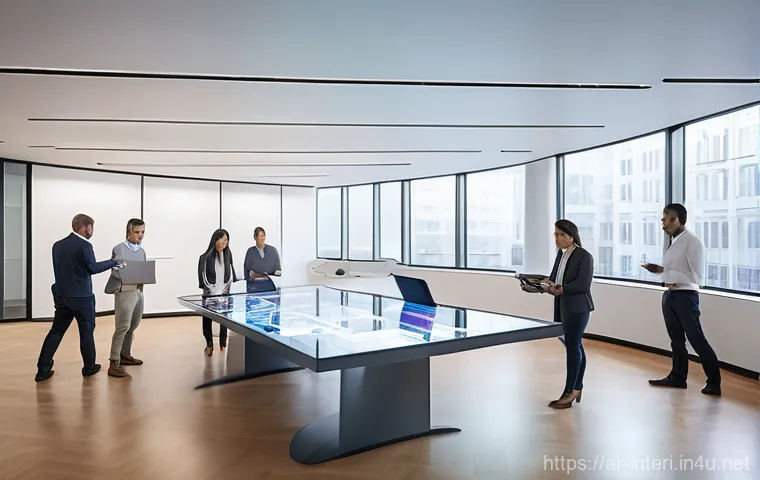 실내건축과 BIM 기술 - **Immersive Client Presentation of a Modern Living Space:**
    "A photorealistic 3D rendering of a ...