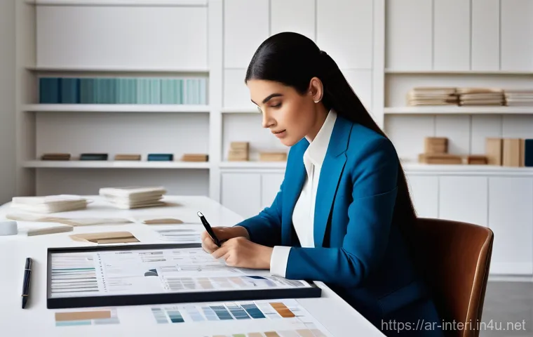 실내건축 실습에서 발생할 수 있는 문제와 해결 방법 - **Prompt:** "A highly focused professional Arab female interior designer, dressed in a modest yet st...