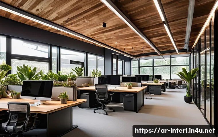 실내건축 실무에서 필요한 법규 이해 - **Sustainable and Modern Office Interior Design**: A vibrant, sun-drenched open-plan office space fe...