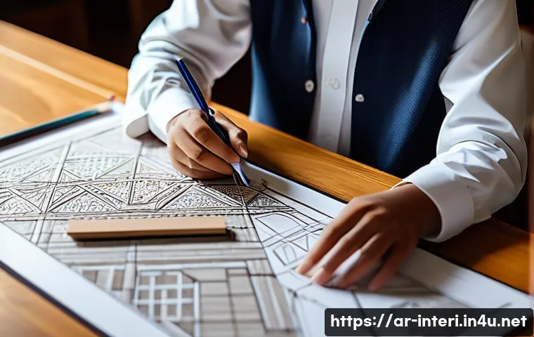 실내건축 실기 시험 준비를 위한 체크포인트 - A professional Arabic interior design student in a bright, organized workspace, carefully using a me...