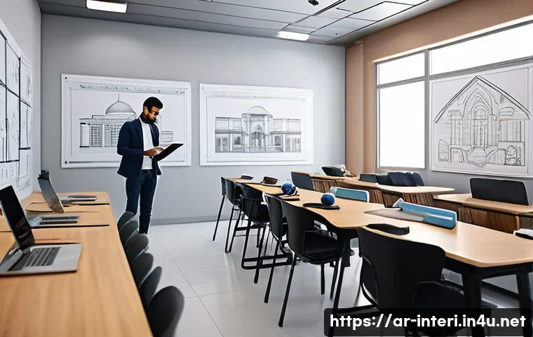 실내건축기사 자격증 시험을 위한 추천 강좌 - A modern interior design classroom set in Riyadh, Saudi Arabia, featuring a diverse group of adult A...
