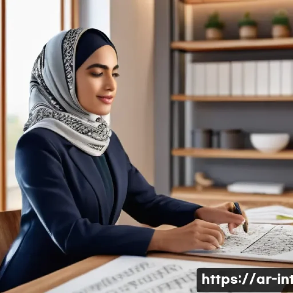 실내건축 이론과 실무를 연결하는 방법 - A modern interior design studio scene showcasing a female Arab architect at work, wearing profession...