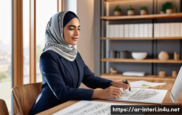 실내건축 이론과 실무를 연결하는 방법 - A modern interior design studio scene showcasing a female Arab architect at work, wearing profession...