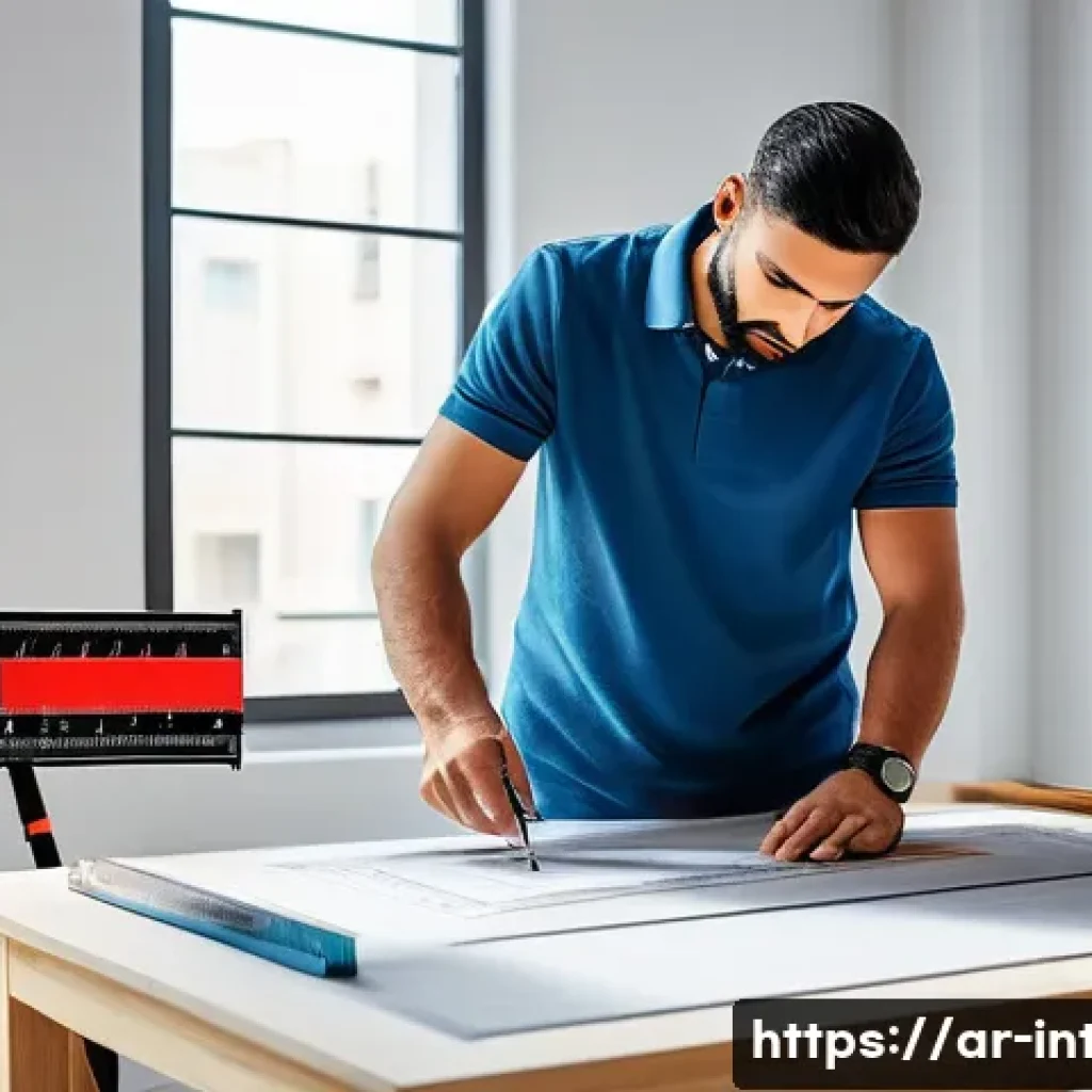 실내건축 실습 시 필요한 장비 - A professional interior designer in a modern Arabic-style workshop, using a digital laser measuring ...