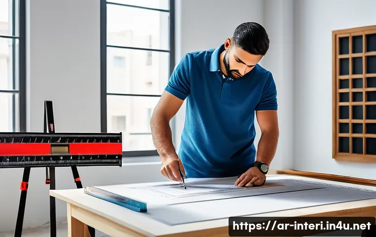 실내건축 실습 시 필요한 장비 - A professional interior designer in a modern Arabic-style workshop, using a digital laser measuring ...