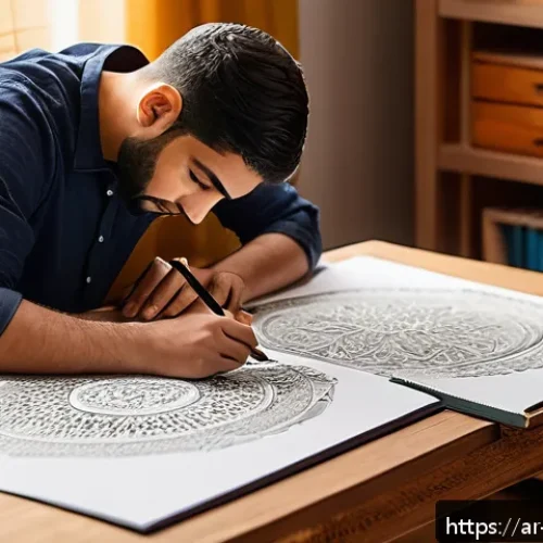 실내건축 실기 시험의 합격 전략 - A focused Arab architecture student practicing hand drawing at a clean, well-organized wooden desk w...