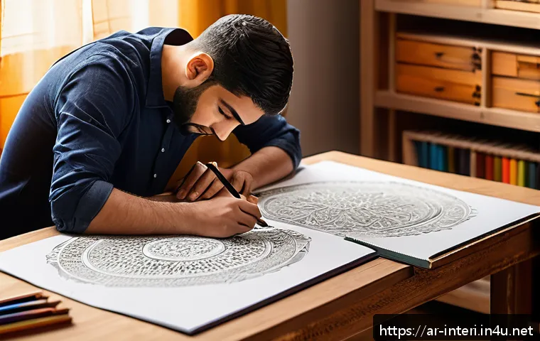 실내건축 실기 시험의 합격 전략 - A focused Arab architecture student practicing hand drawing at a clean, well-organized wooden desk w...