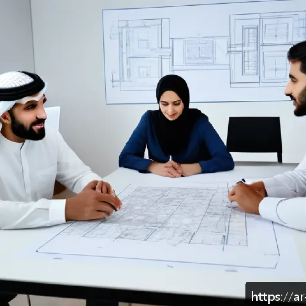 실내건축 실무 경험 쌓는 방법 - A modern interior design studio scene showing a diverse team of Arabic professionals collaborating o...