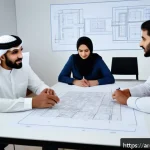 실내건축 실무 경험 쌓는 방법 - A modern interior design studio scene showing a diverse team of Arabic professionals collaborating o...