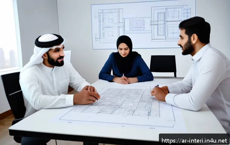 실내건축 실무 경험 쌓는 방법 - A modern interior design studio scene showing a diverse team of Arabic professionals collaborating o...