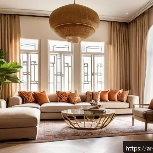 실내건축 이론에서 자주 언급되는 개념 - A modern Arabic-style living room interior bathed in soft natural light streaming through large floo...