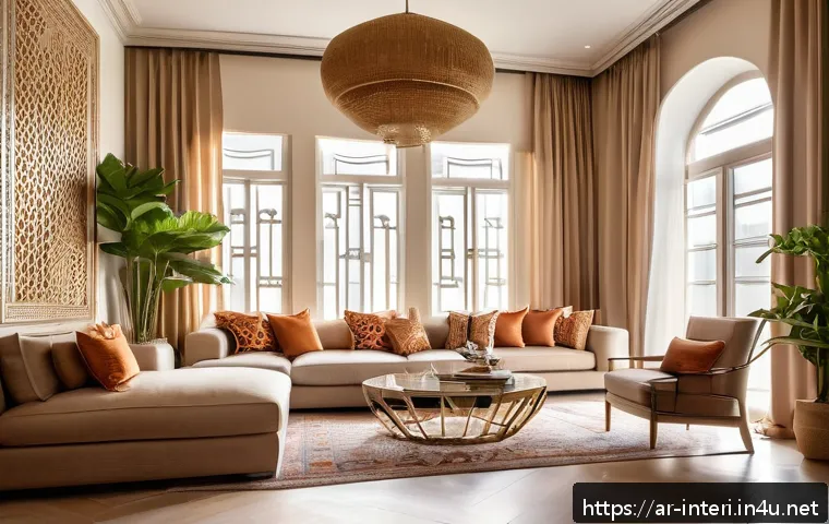 실내건축 이론에서 자주 언급되는 개념 - A modern Arabic-style living room interior bathed in soft natural light streaming through large floo...