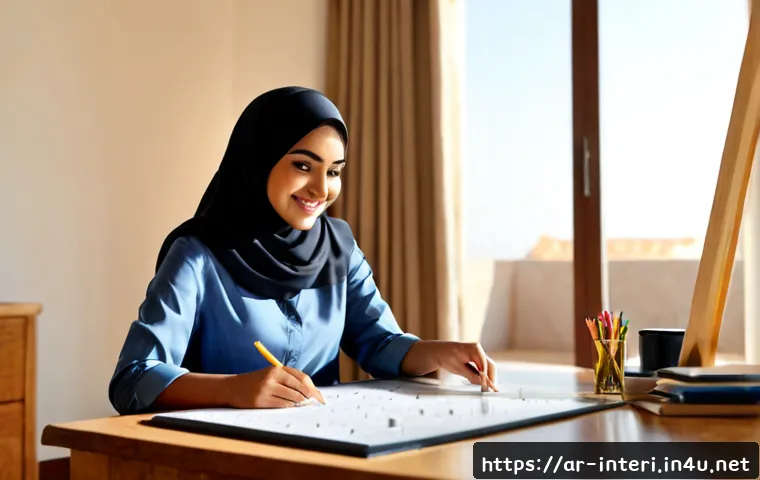 실내건축 자격증 독학 성공 사례 - Photorealistic success scene of a young Arab woman in modest professional attire and hijab studying ...